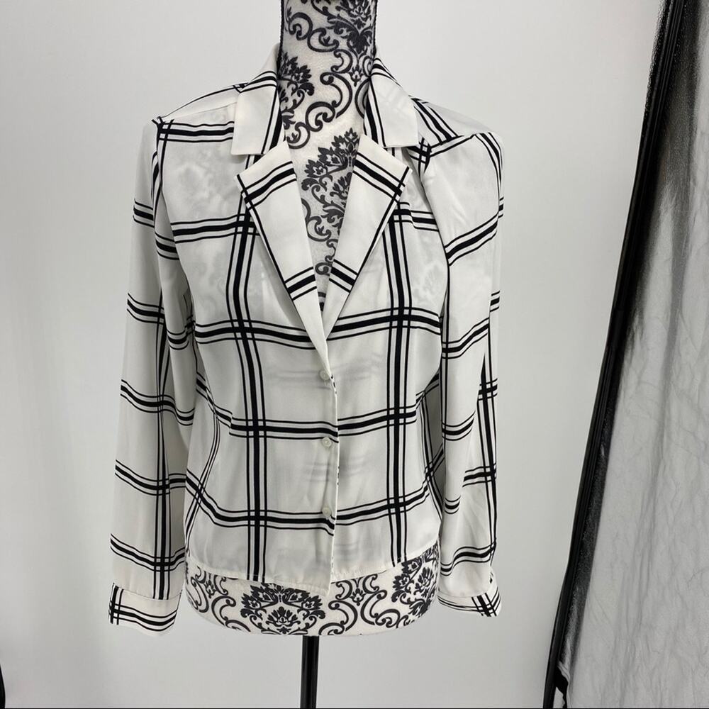 Leith Black White Windowpane Check Button Front Blouse Notched Collar L/S - Picture 4 of 10